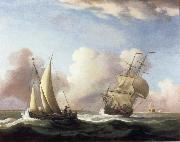 A Small Sailing boat and a merchantman at sea in a rising Wind